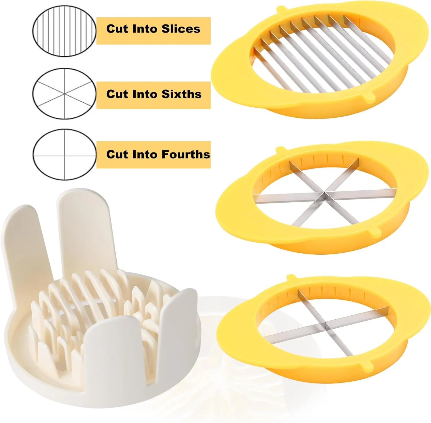 3-In-1 Egg Slicer with Blades, Stainless Steel Egg Cutter for Hard Boiled Eggs, Multi-purpose Food Slicer to Cut Fruits into Fourth Sixth or Slices, Heavy Duty Dishwasher Safe, Yellow