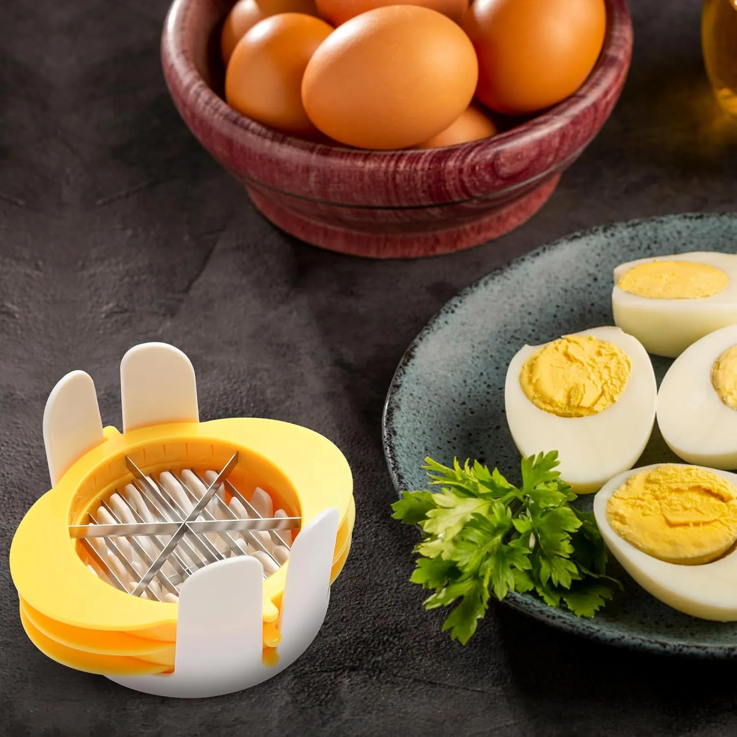 3-In-1 Egg Slicer with Blades, Stainless Steel Egg Cutter for Hard Boiled Eggs, Multi-purpose Food Slicer to Cut Fruits into Fourth Sixth or Slices, Heavy Duty Dishwasher Safe, Yellow