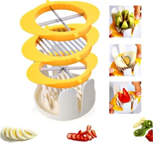 3-In-1 Egg Slicer with Blades, Stainless Steel Egg Cutter for Hard Boiled Eggs, Multi-purpose Food Slicer to Cut Fruits into Fourth Sixth or Slices, Heavy Duty Dishwasher Safe, Yellow