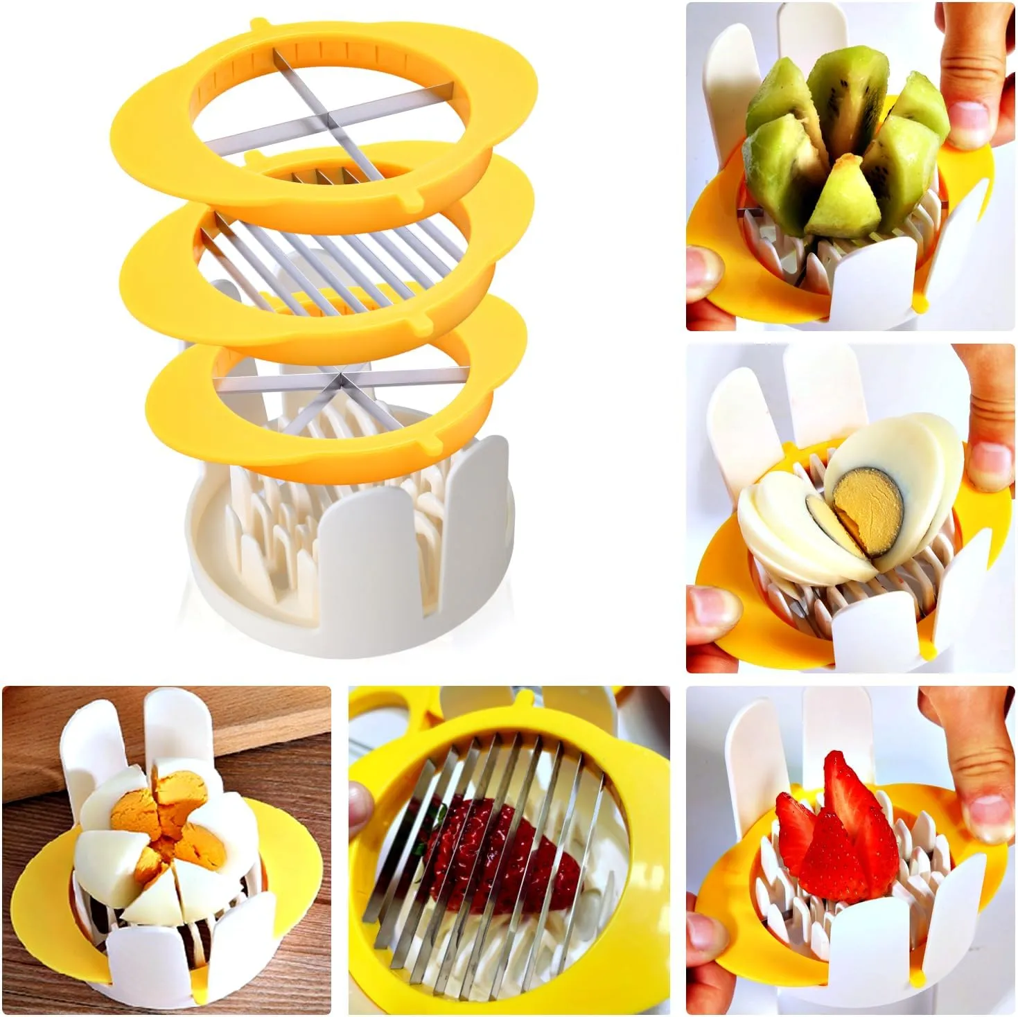 3-In-1 Egg Slicer with Blades, Stainless Steel Egg Cutter for Hard Boiled Eggs, Multi-purpose Food Slicer to Cut Fruits into Fourth Sixth or Slices, Heavy Duty Dishwasher Safe, Yellow
