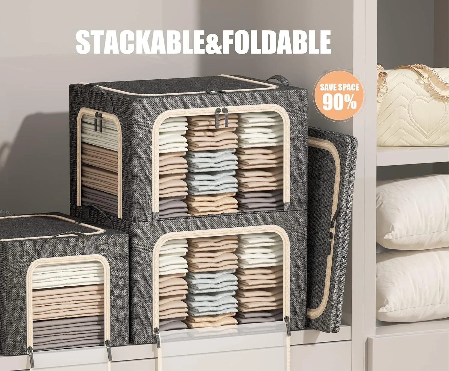 3 Openings Clothes Storage Bins with Metal Frame, Foldable Storage Bin for Clothes, Clothing Storage Bins with Lid, Linen Storage Box With Clear Window＆ Zippers＆ Durable Handles.(3 Pcs,Dark Grey,40L)