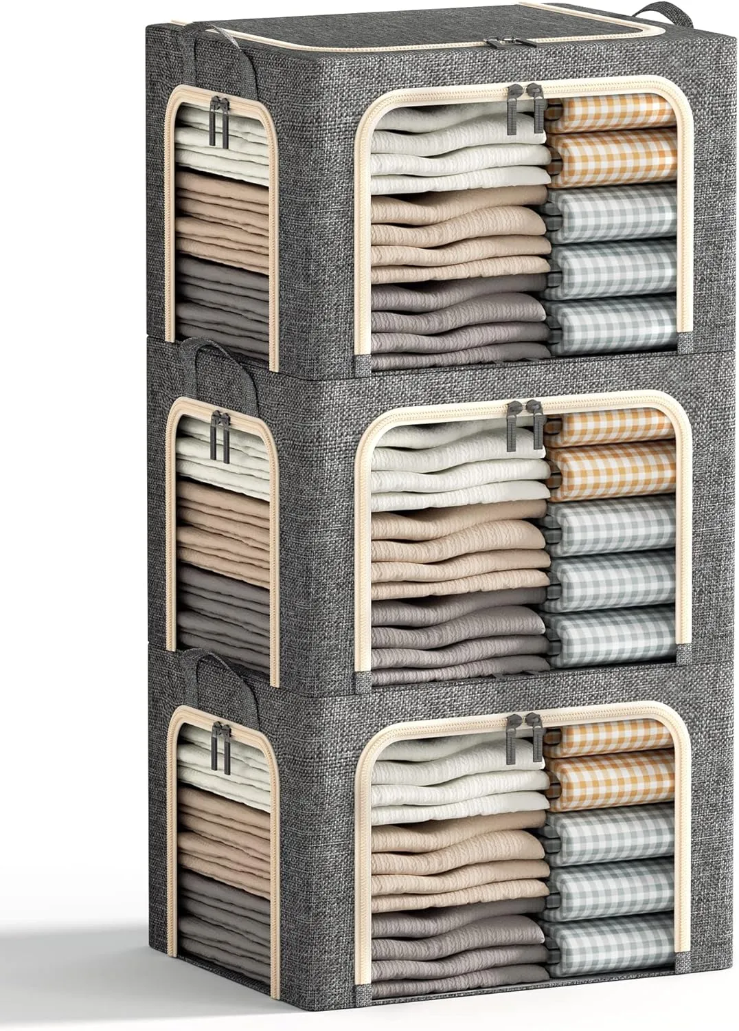 3 Openings Clothes Storage Bins with Metal Frame, Foldable Storage Bin for Clothes, Clothing Storage Bins with Lid, Linen Storage Box With Clear Window＆ Zippers＆ Durable Handles.(3 Pcs,Dark Grey,40L)