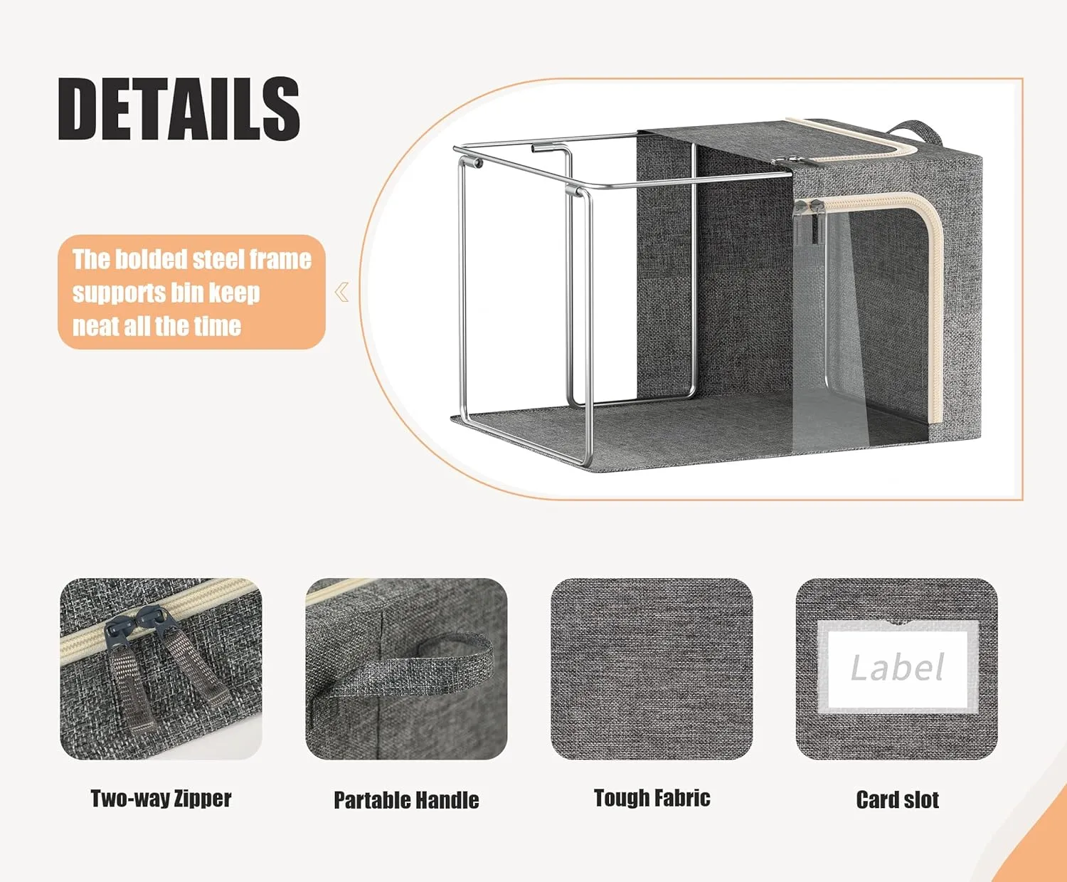 3 Openings Clothes Storage Bins with Metal Frame, Foldable Storage Bin for Clothes, Clothing Storage Bins with Lid, Linen Storage Box With Clear Window＆ Zippers＆ Durable Handles.(3 Pcs,Dark Grey,40L)
