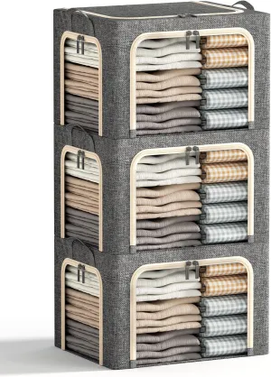 3 Openings Clothes Storage Bins with Metal Frame, Foldable Storage Bin for Clothes, Clothing Storage Bins with Lid, Linen Storage Box With Clear Window＆ Zippers＆ Durable Handles.(3 Pcs,Dark Grey,40L)