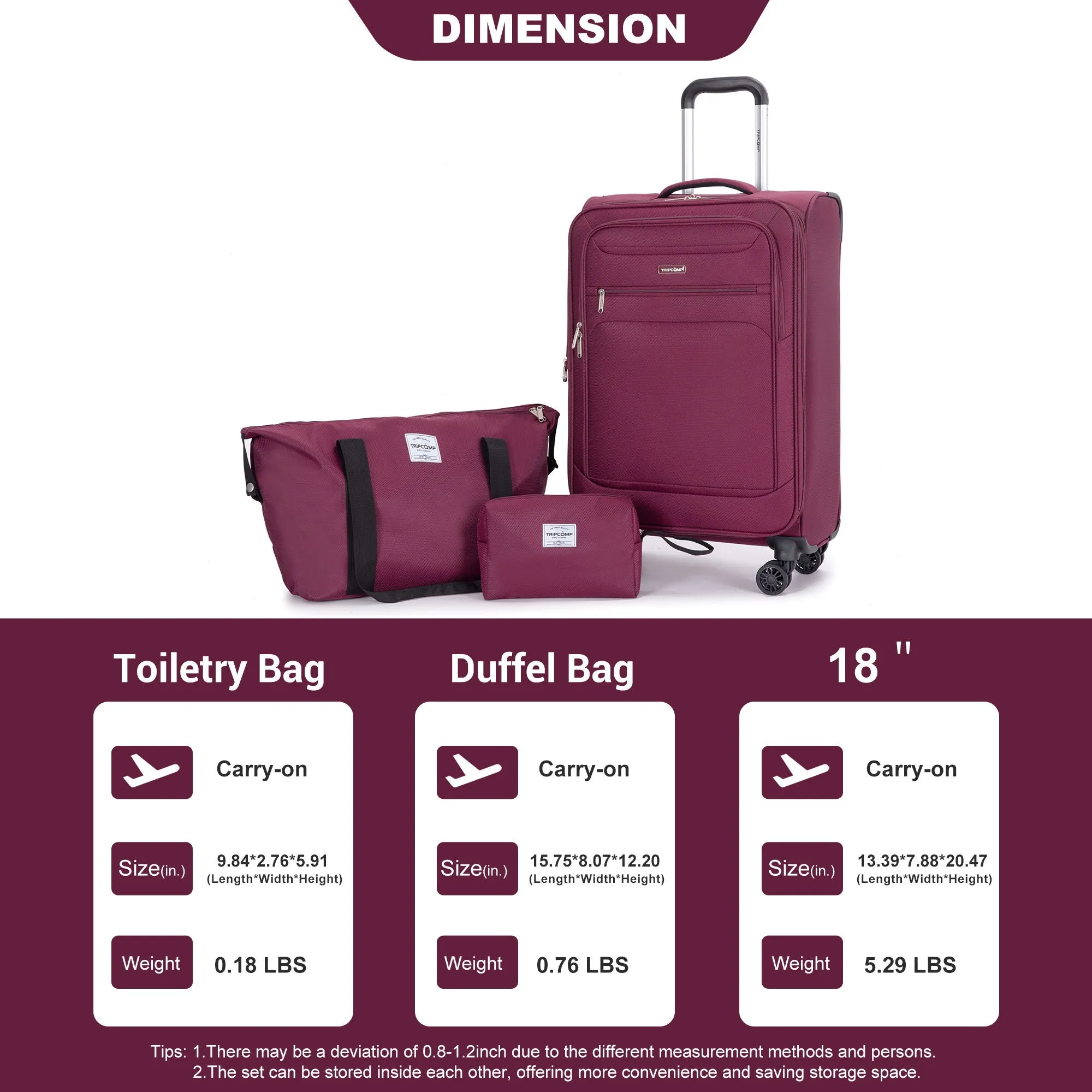 3 Piece Luggage Sets, Softshell Suitcase Spinner Wheels