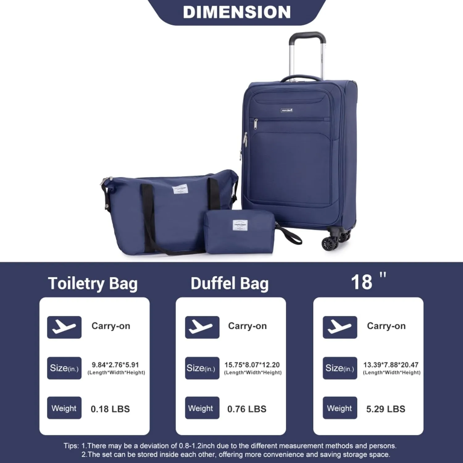 3-Piece Travel Set (18" Carry-On   Backpack   Toiletry Bag) - Lightweight Terylene Softshell Luggage with Spinner Wheels - Airline Approved Underseat Suitcase (WINE RED   Polyester)