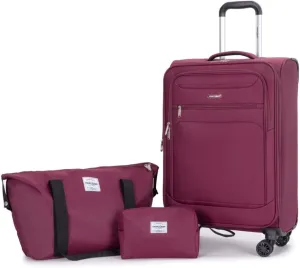 3-Piece Travel Set (18" Carry-On   Backpack   Toiletry Bag) - Lightweight Terylene Softshell Luggage with Spinner Wheels - Airline Approved Underseat Suitcase (WINE RED   Polyester)