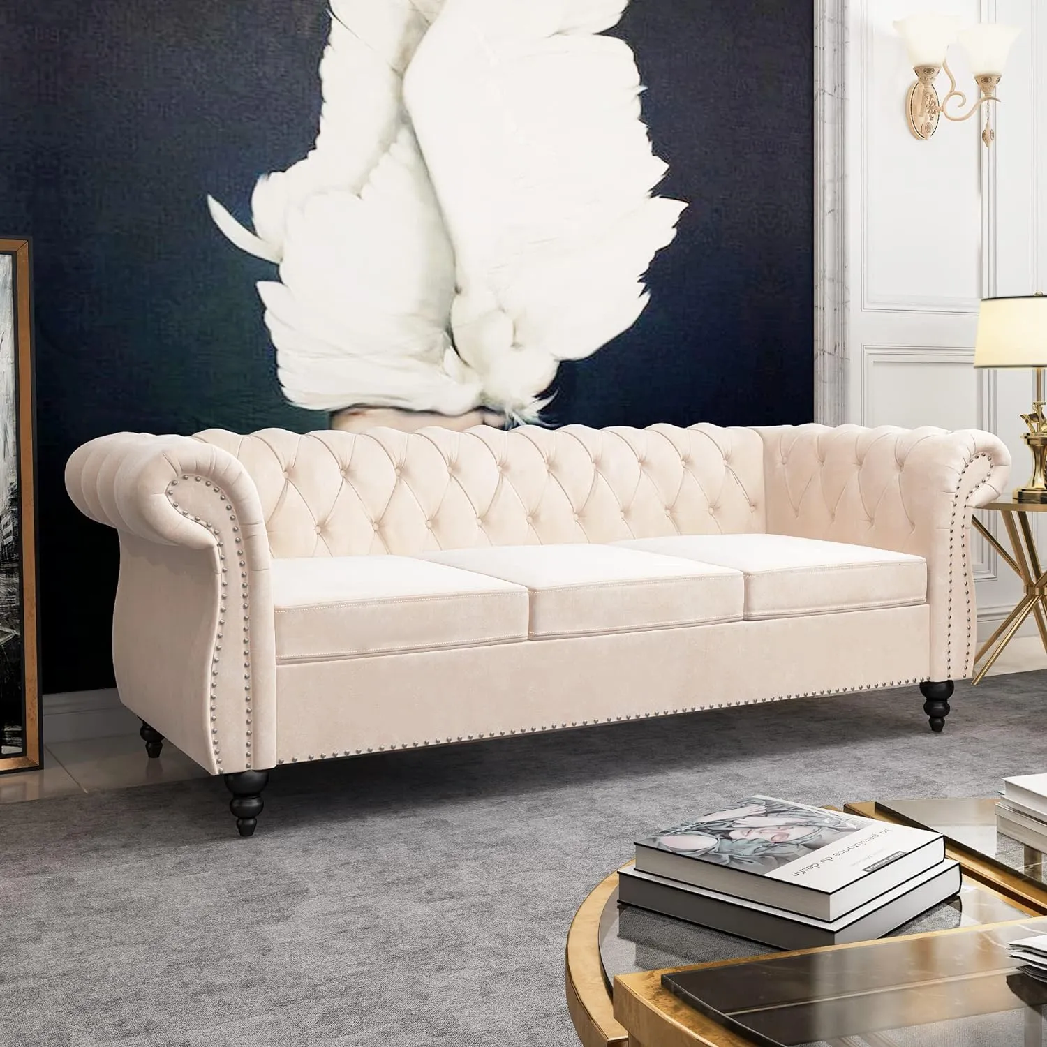 3 Seater Sofa, Velvet Chesterfield Sofa Modern Tufted Couch 3 Seater Large Sofa with Scroll Arms and Nailhead for Living Room, Beige