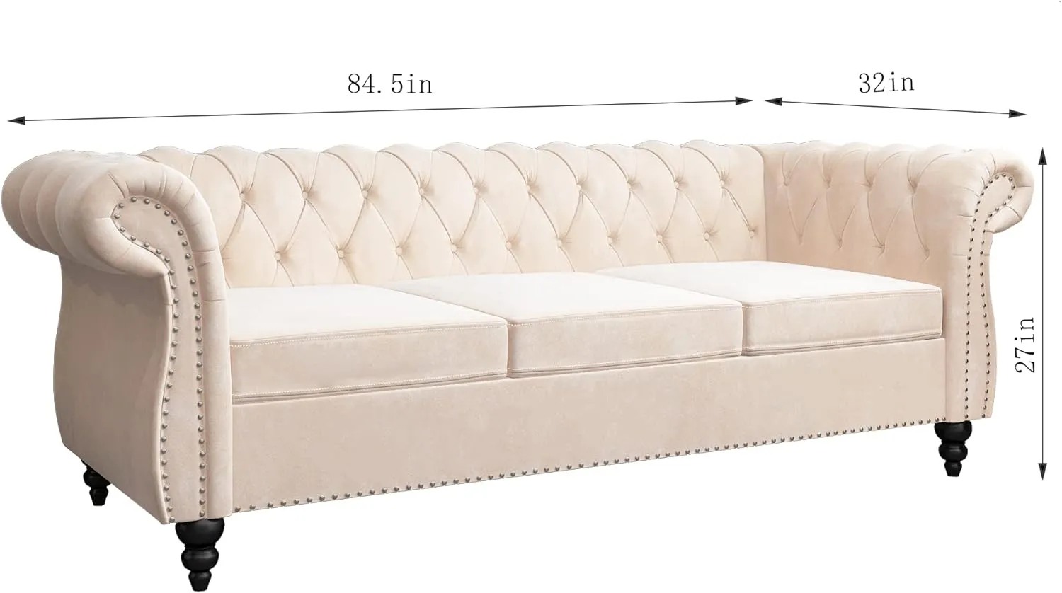3 Seater Sofa, Velvet Chesterfield Sofa Modern Tufted Couch 3 Seater Large Sofa with Scroll Arms and Nailhead for Living Room, Beige
