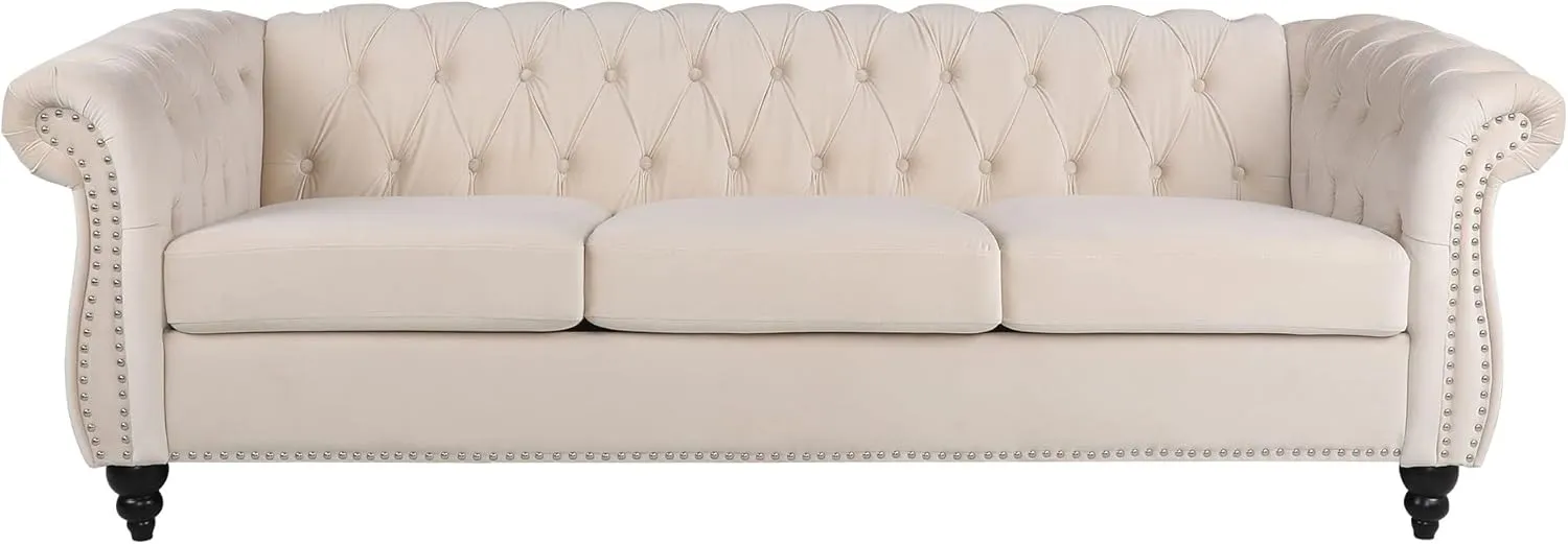 3 Seater Sofa, Velvet Chesterfield Sofa Modern Tufted Couch 3 Seater Large Sofa with Scroll Arms and Nailhead for Living Room, Beige
