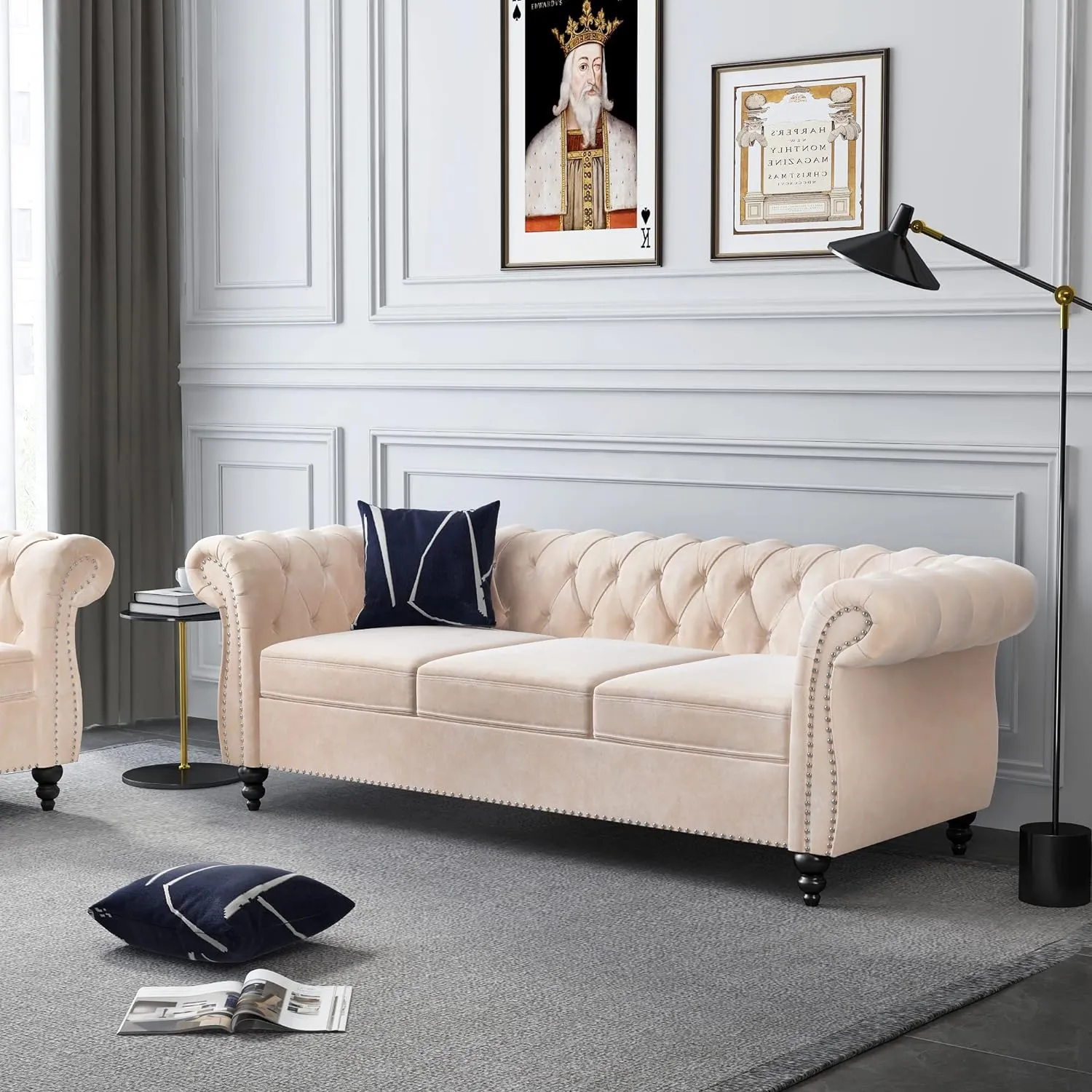 3 Seater Sofa, Velvet Chesterfield Sofa Modern Tufted Couch 3 Seater Large Sofa with Scroll Arms and Nailhead for Living Room, Beige