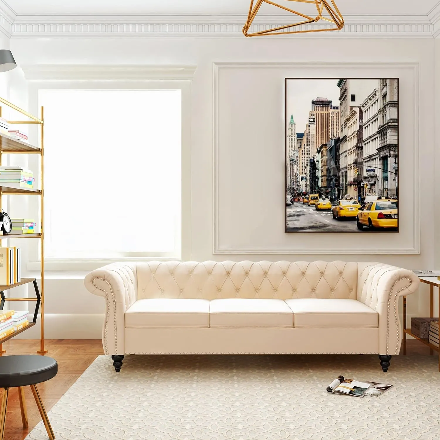 3 Seater Sofa, Velvet Chesterfield Sofa Modern Tufted Couch 3 Seater Large Sofa with Scroll Arms and Nailhead for Living Room, Beige