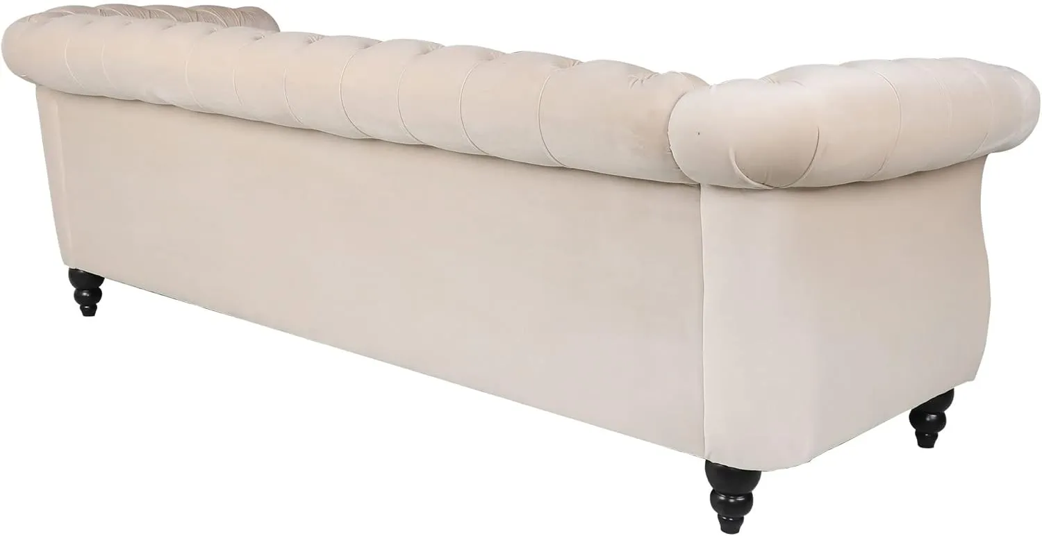 3 Seater Sofa, Velvet Chesterfield Sofa Modern Tufted Couch 3 Seater Large Sofa with Scroll Arms and Nailhead for Living Room, Beige