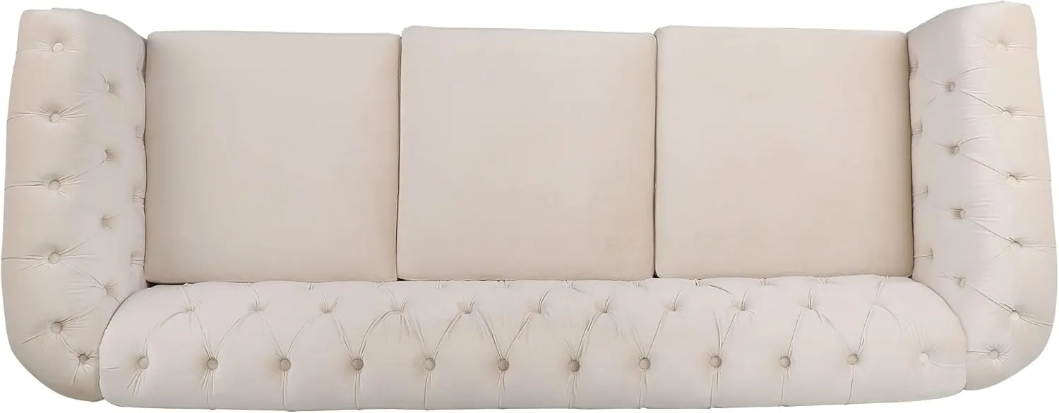 3 Seater Sofa, Velvet Chesterfield Sofa Modern Tufted Couch 3 Seater Large Sofa with Scroll Arms and Nailhead for Living Room, Beige