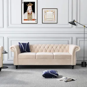 3 Seater Sofa, Velvet Chesterfield Sofa Modern Tufted Couch 3 Seater Large Sofa with Scroll Arms and Nailhead for Living Room, Beige