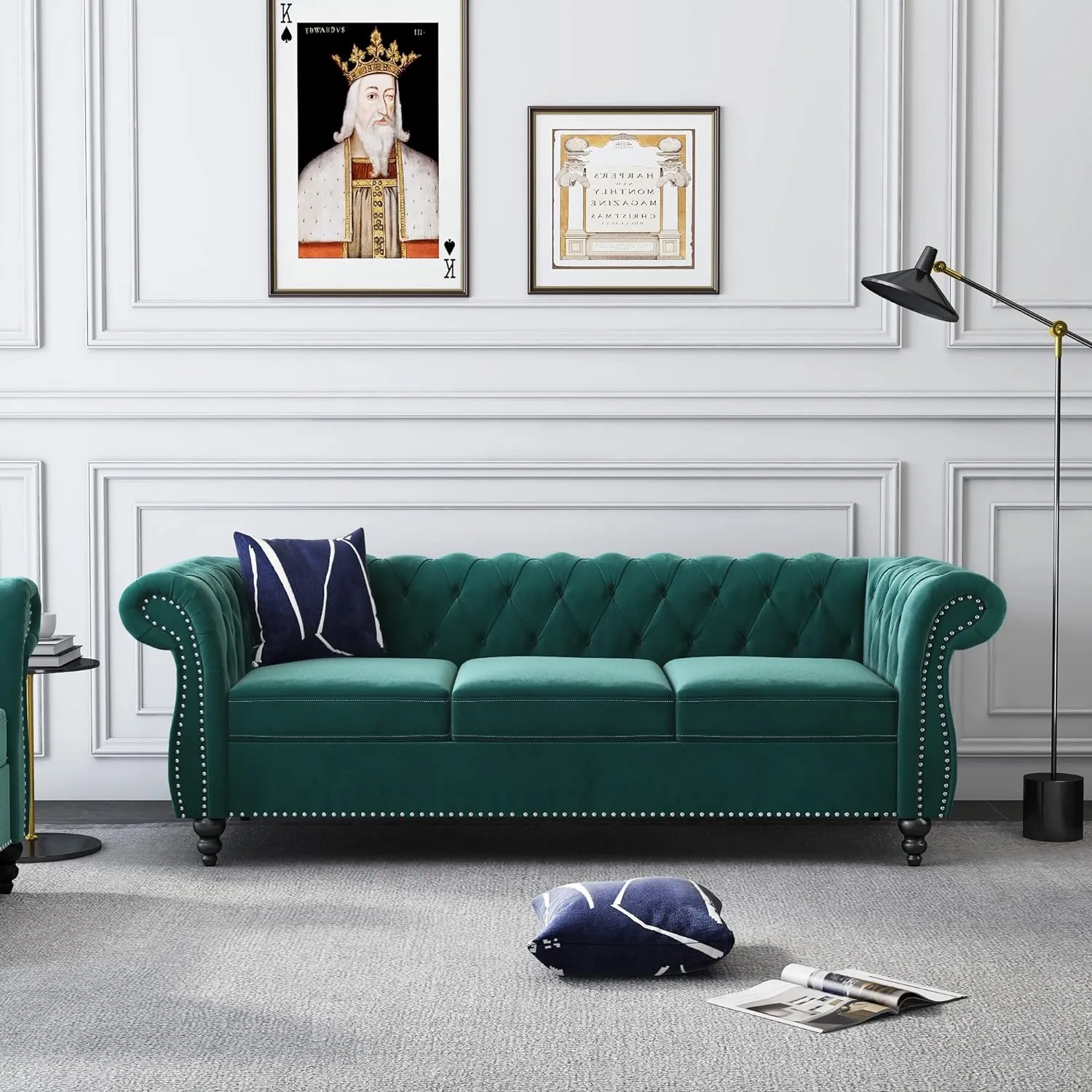 3 Seater Sofa, Velvet Chesterfield Sofa Modern Tufted Couch 3 Seater Large Sofa with Scroll Arms and Nailhead for Living Room, Green