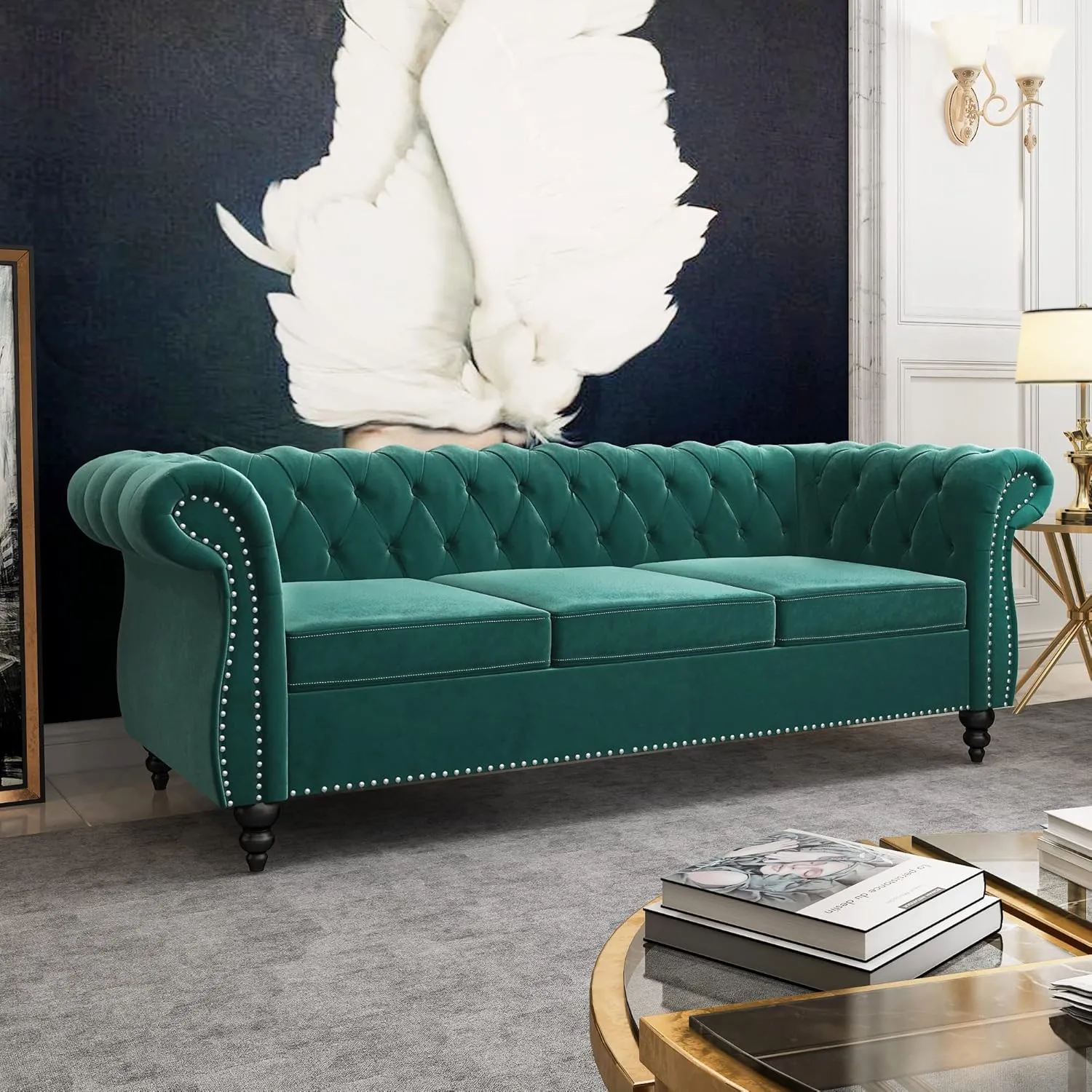 3 Seater Sofa, Velvet Chesterfield Sofa Modern Tufted Couch 3 Seater Large Sofa with Scroll Arms and Nailhead for Living Room, Green