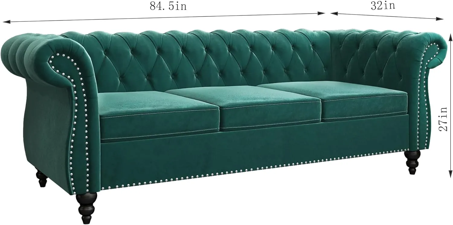 3 Seater Sofa, Velvet Chesterfield Sofa Modern Tufted Couch 3 Seater Large Sofa with Scroll Arms and Nailhead for Living Room, Green