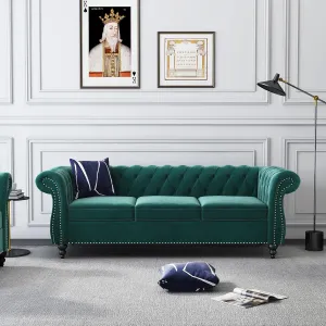 3 Seater Sofa, Velvet Chesterfield Sofa Modern Tufted Couch 3 Seater Large Sofa with Scroll Arms and Nailhead for Living Room, Green