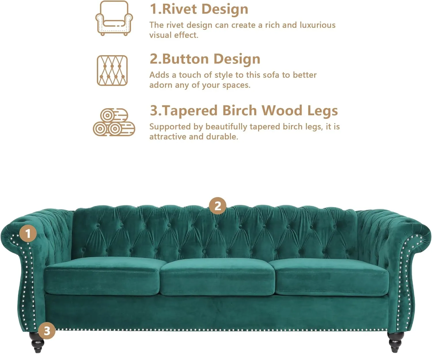 3 Seater Sofa, Velvet Chesterfield Sofa Modern Tufted Couch 3 Seater Large Sofa with Scroll Arms and Nailhead for Living Room, Green
