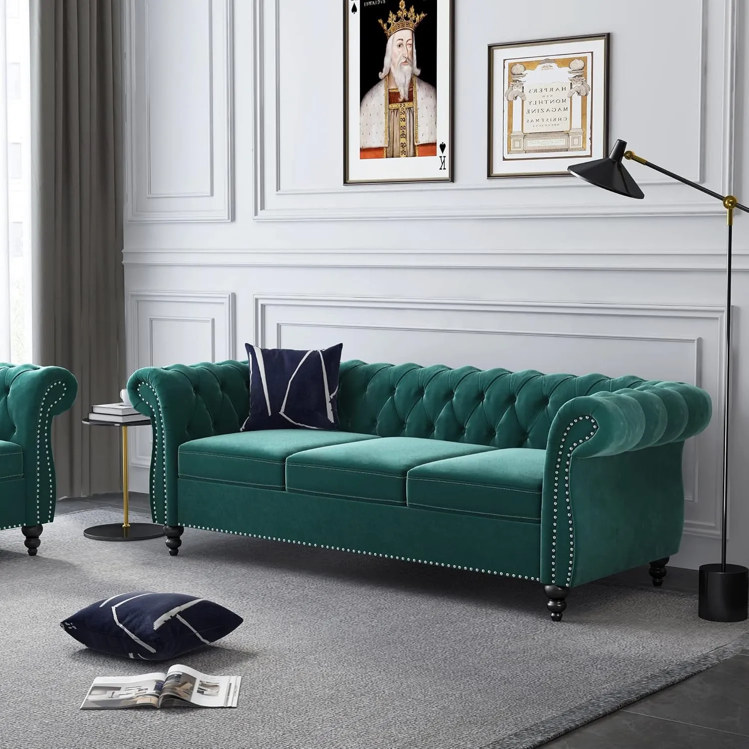 3 Seater Sofa, Velvet Chesterfield Sofa Modern Tufted Couch 3 Seater Large Sofa with Scroll Arms and Nailhead for Living Room, Green