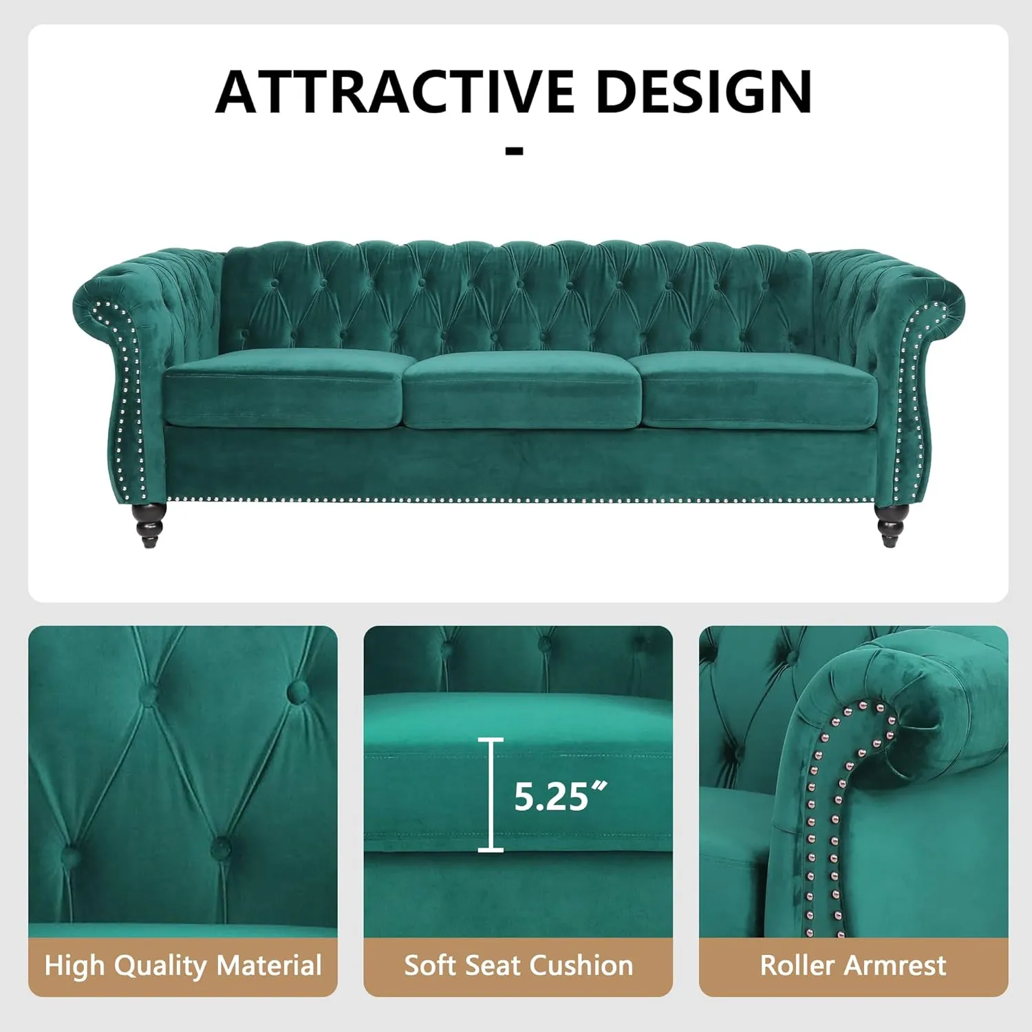 3 Seater Sofa, Velvet Chesterfield Sofa Modern Tufted Couch 3 Seater Large Sofa with Scroll Arms and Nailhead for Living Room, Green
