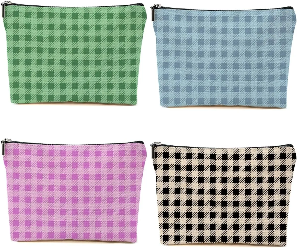 4 PCs Preppy Checkered Makeup Bag Aesthetics Plaid Check Preppy Stuff Cosmetic Bag Birthday Gifts for Women Girls Sister Zipper Pouch Travel Organizer Friendship Gifts for Christmas Thanksgiving