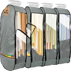 4PCS Garment Bags for Hanging Clothes,Chakera Large Breathable Garment Bag for Closet Storage with 10”Gusseted,Clear Clothing Storage Garment Cover for Dress Sweater with Double Zipper,Grey