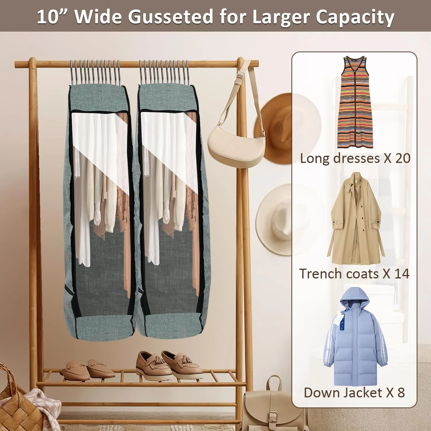 4PCS Garment Bags for Hanging Clothes,Chakera Large Breathable Garment Bag for Closet Storage with 10”Gusseted,Clear Clothing Storage Garment Cover for Dress Sweater with Double Zipper,Grey