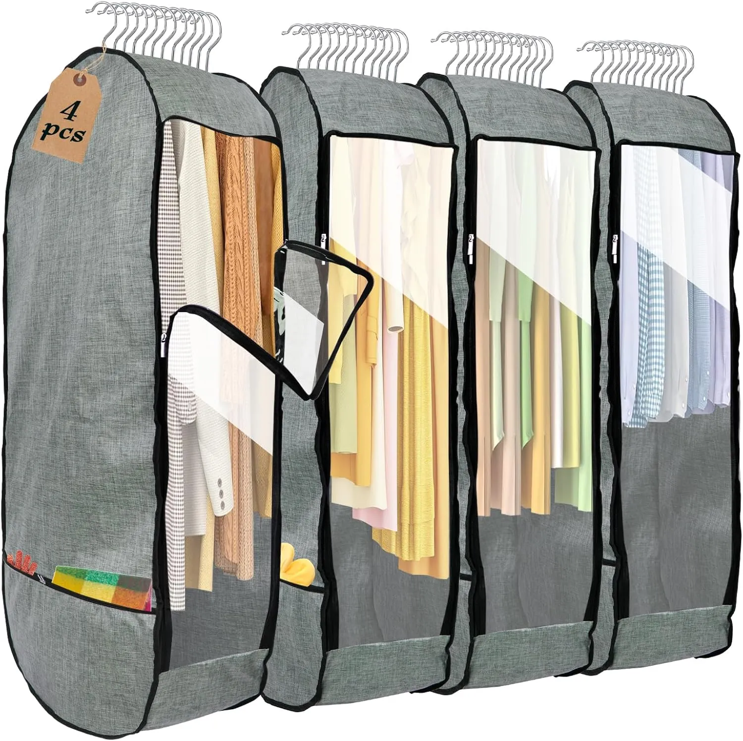 4PCS Garment Bags for Hanging Clothes,Chakera Large Breathable Garment Bag for Closet Storage with 10”Gusseted,Clear Clothing Storage Garment Cover for Dress Sweater with Double Zipper,Grey