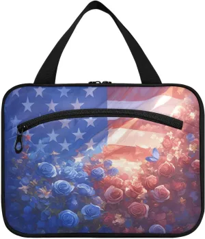 4th Of July Independence Day Red and Blue Roses hanging bag travel cosmetic bag with hook, designer foldable bags for men for travel make up cruises bolsa para maquillaje L