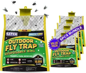 5pk Outdoor Fly Trap Bags, Disposable, Hanging Fly Catcher with Bait, Outdoor Use Fly Hunter Repellent Control Catcher Killer, Flies Trap for Barn, Farm, Mosquito, Bugs, Gnats, Ready to Use