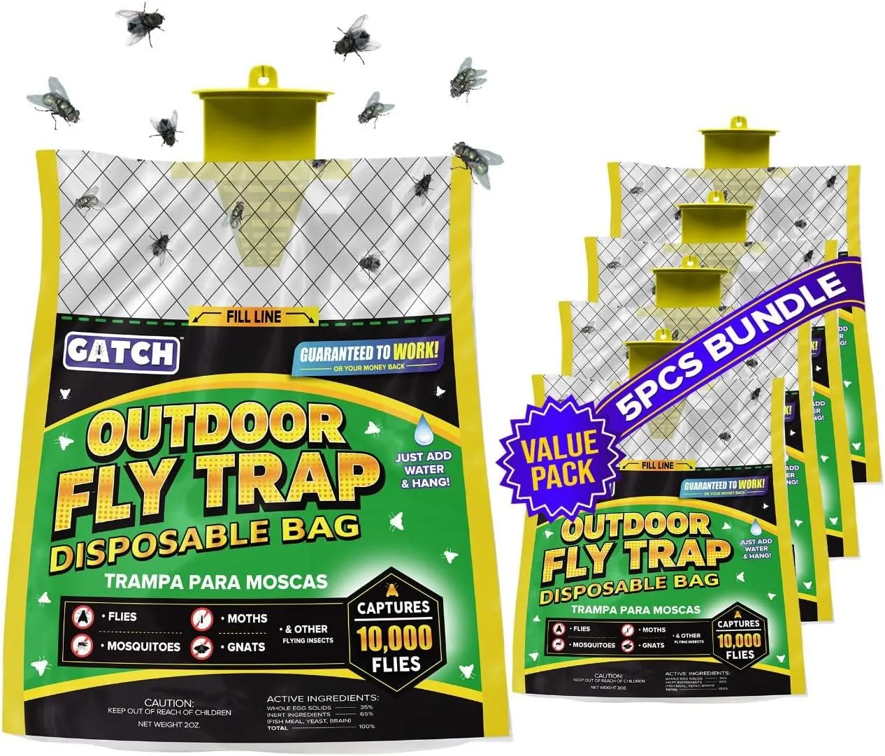 5pk Outdoor Fly Trap Bags, Disposable, Hanging Fly Catcher with Bait, Outdoor Use Fly Hunter Repellent Control Catcher Killer, Flies Trap for Barn, Farm, Mosquito, Bugs, Gnats, Ready to Use