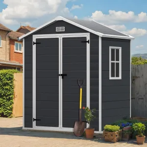 6 * 4.4FT Outdoor Resin Storage Shed with Reinforced Floor, All Weather-Resistant, Plastic Shed for Storing Patio Furniture, Gardening Tools, Bicycles, or Lawn Mower, Secure Door Lock (Dark Gray)