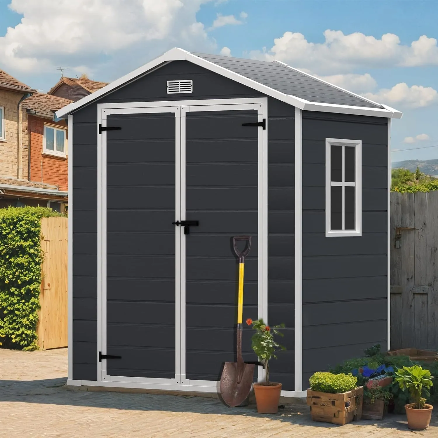 6 * 4.4FT Outdoor Resin Storage Shed with Reinforced Floor, All Weather-Resistant, Plastic Shed for Storing Patio Furniture, Gardening Tools, Bicycles, or Lawn Mower, Secure Door Lock (Dark Gray)