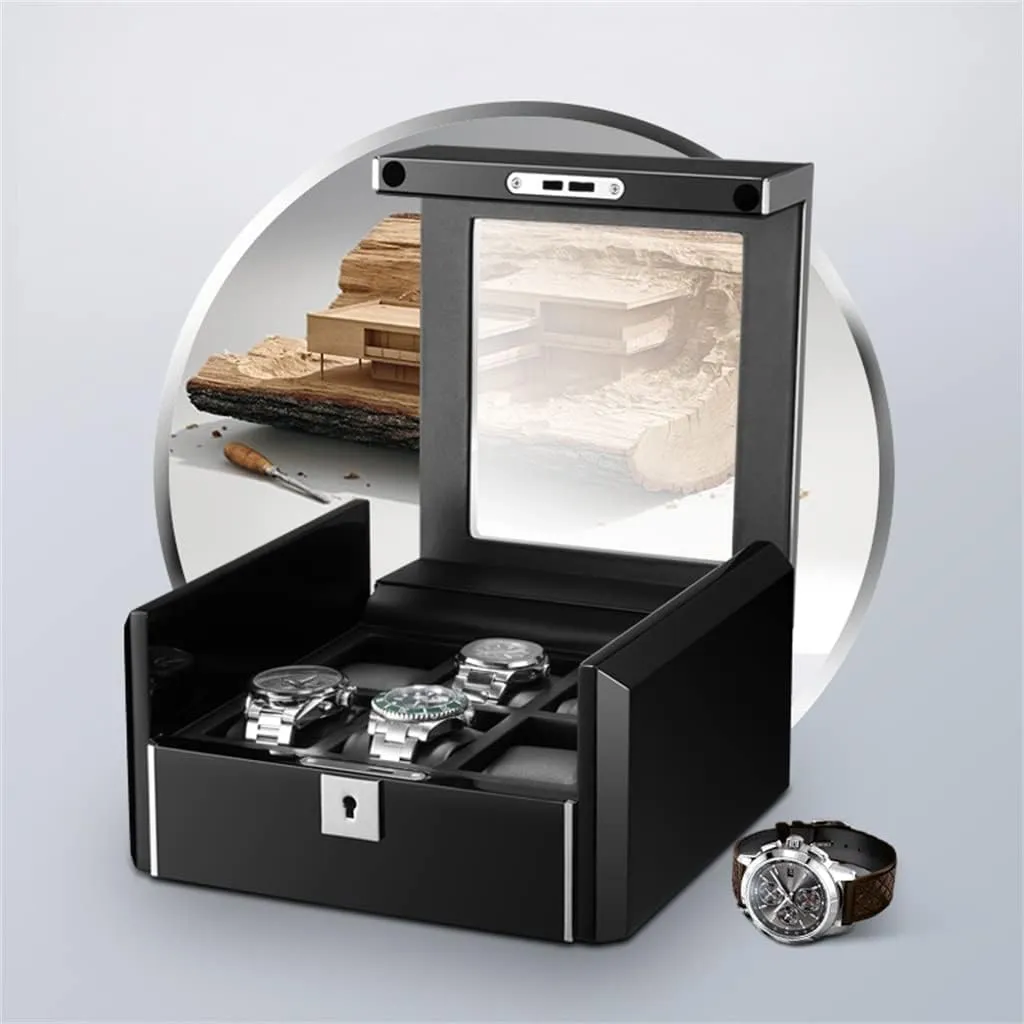 6 Slots Gift Boxes Glass Lid PU Leather Velvet Lining Metal Black Jewellery (A 22*21*11 (CM))