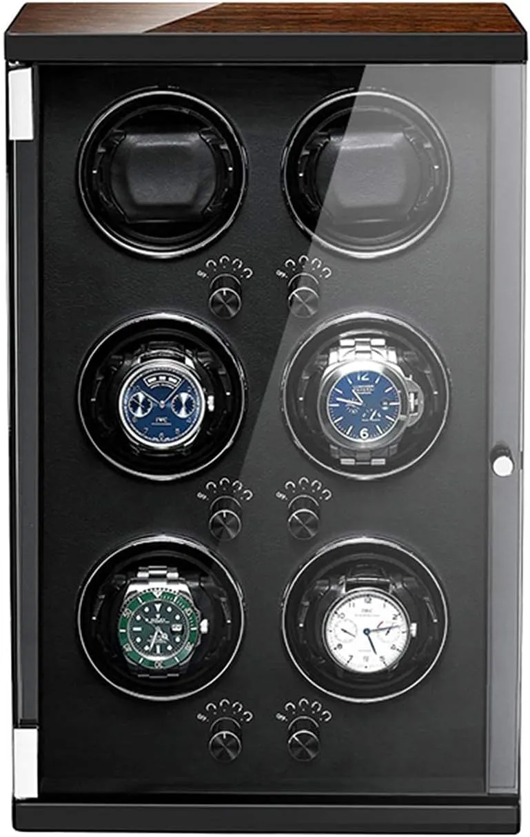 6 Watch Winder for Automatic Watches Wood Shell Piano Paint Exterior 5 Rotation Modes Anti-Magnetic Design Three Dimensional Watch Pillows Carbon Fiber Leather