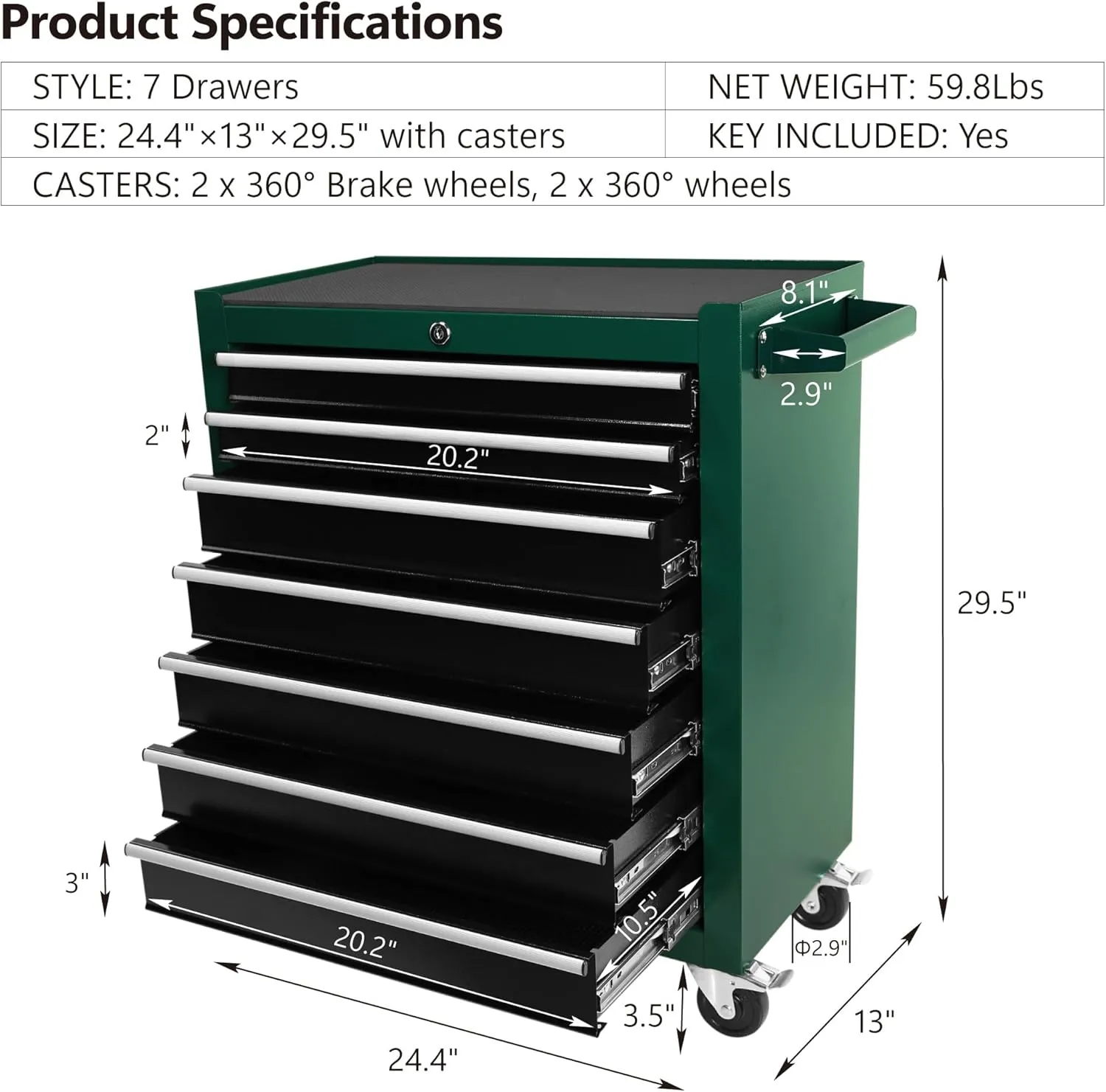 7-Drawer Tool Chest Organizer & Storage Cart, Multifunctional Tool Cabinet for Garage, Warehouse, Repair Shop (Black Green)