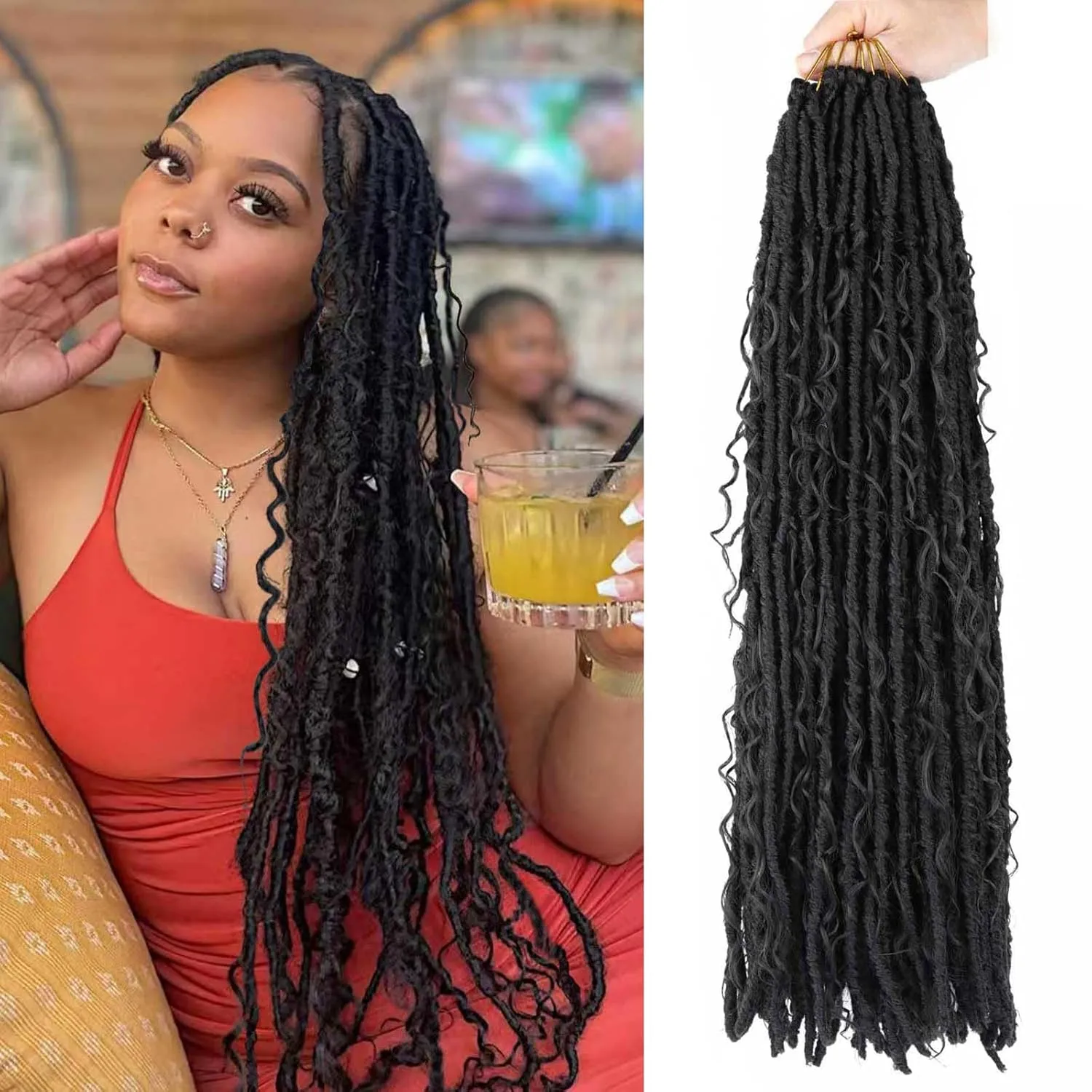 8 Packs Bohemian Faux Locs Crochet Hair 24 Inch Goddess Locs Crochet Braids Boho Crochet Soft Locs with Curly Crochet Hair for Black Women (2#, 24 Inch(Pack of 8))
