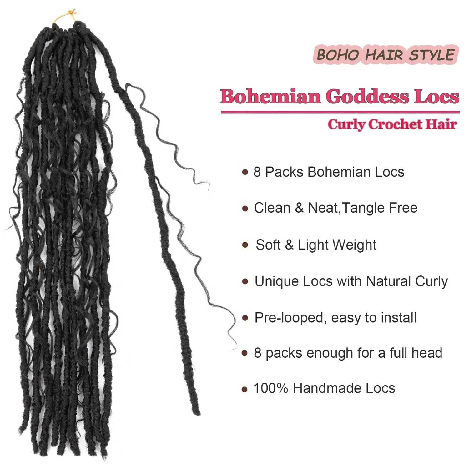 8 Packs Bohemian Faux Locs Crochet Hair 24 Inch Goddess Locs Crochet Braids Boho Crochet Soft Locs with Curly Crochet Hair for Black Women (2#, 24 Inch(Pack of 8))