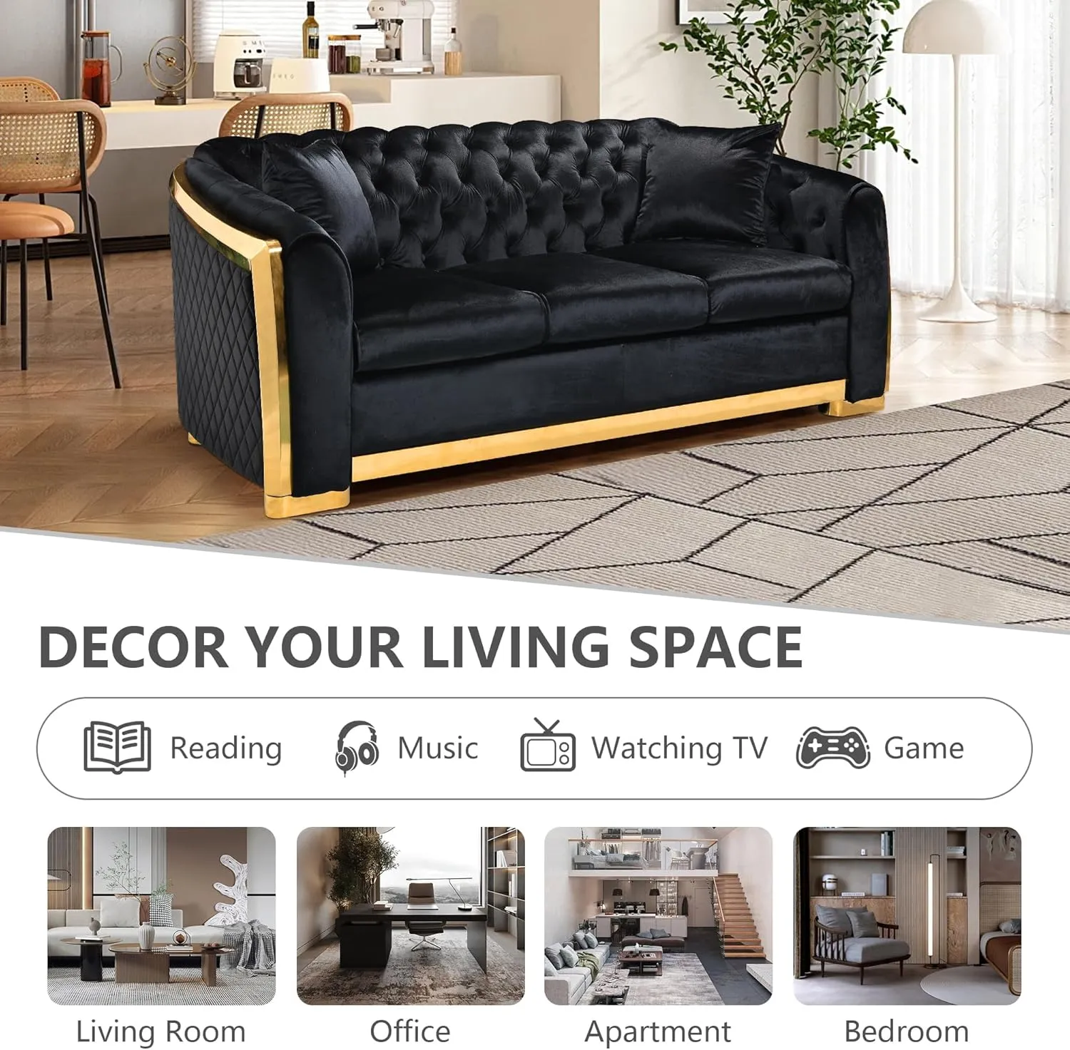 82.3 Inch Velvet Sofa Set for Living Room, 3 Seat Modern & Luxury Chesterfield Couch Sofa with Tufted Back&Gold Stainless Legs for Apartment, Office 2 Pillows Included Black