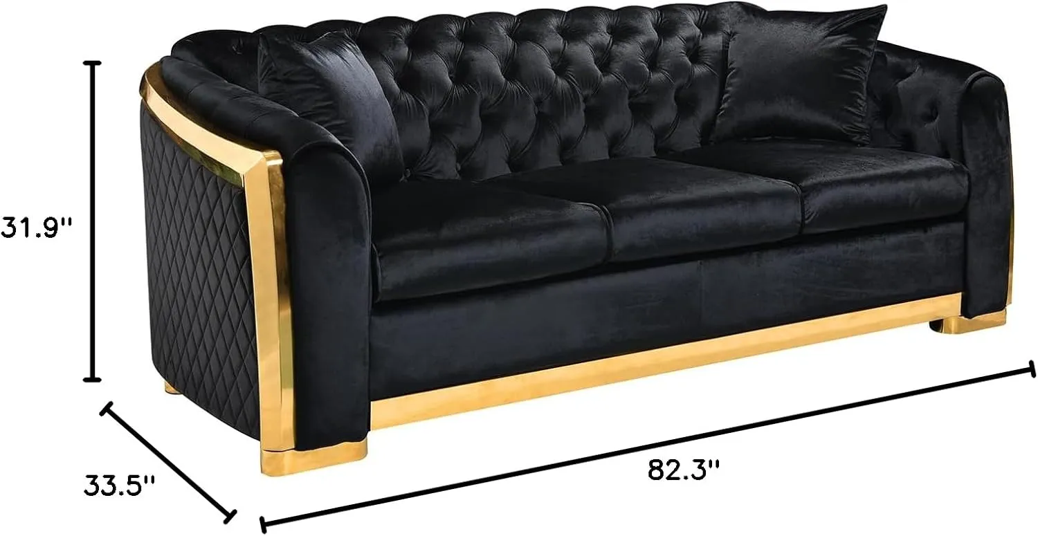 82.3 Inch Velvet Sofa Set for Living Room, 3 Seat Modern & Luxury Chesterfield Couch Sofa with Tufted Back&Gold Stainless Legs for Apartment, Office 2 Pillows Included Black