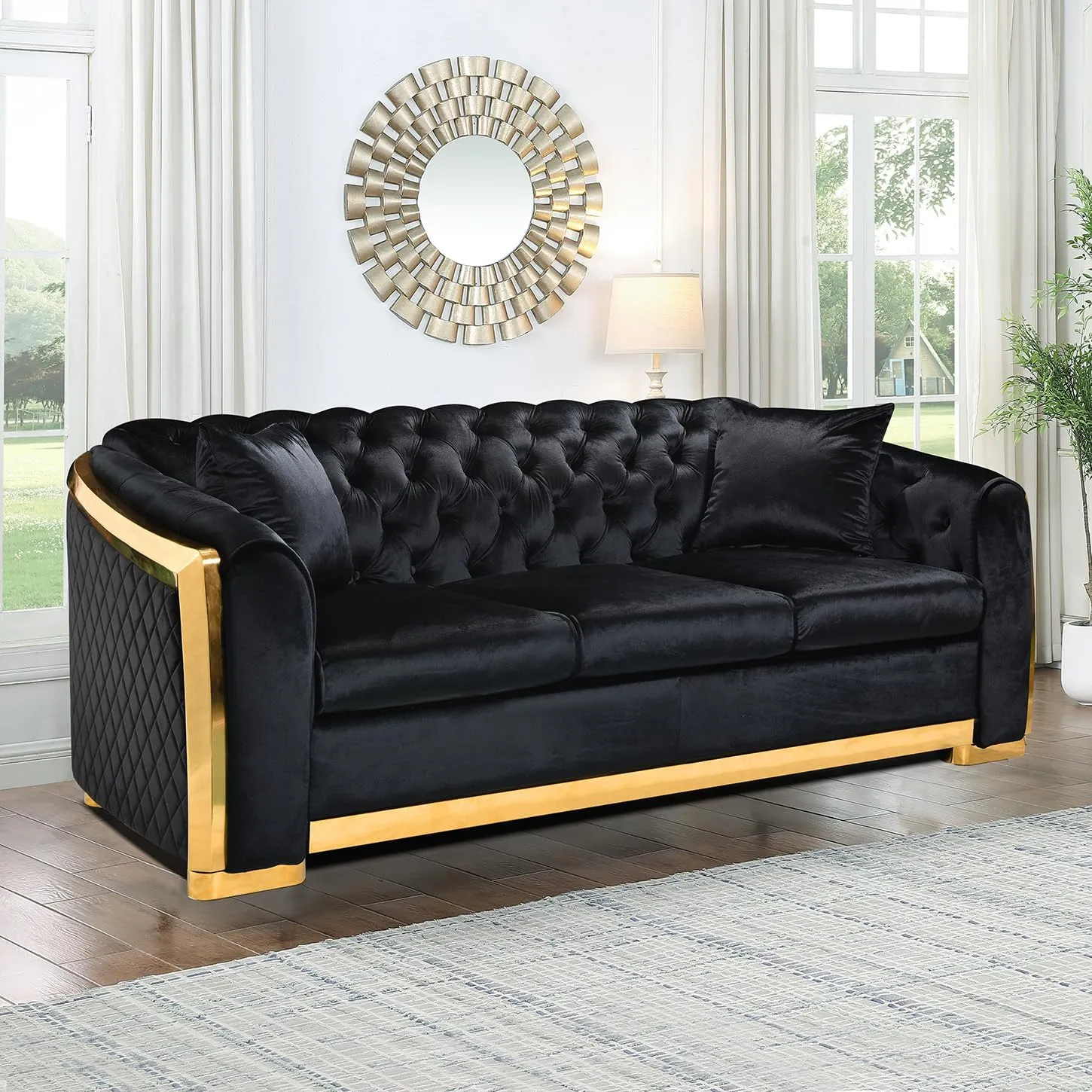82.3 Inch Velvet Sofa Set for Living Room, 3 Seat Modern & Luxury Chesterfield Couch Sofa with Tufted Back&Gold Stainless Legs for Apartment, Office 2 Pillows Included Black