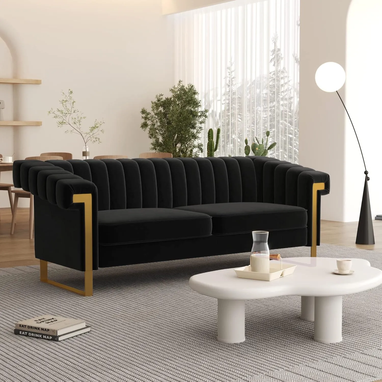 83'' Velvet Couch Sofa Mid-Century Modern Love Seat Chesterfield 3 Seat Couches Sofa for Living Room Apartment (Black)