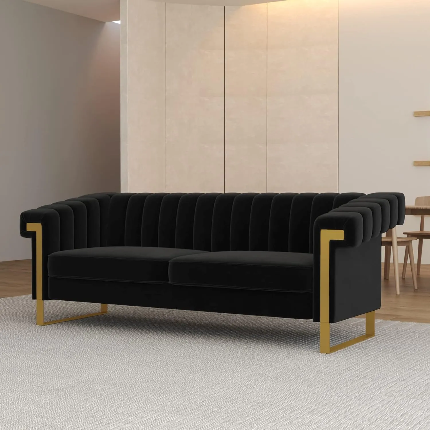 83'' Velvet Couch Sofa Mid-Century Modern Love Seat Chesterfield 3 Seat Couches Sofa for Living Room Apartment (Black)