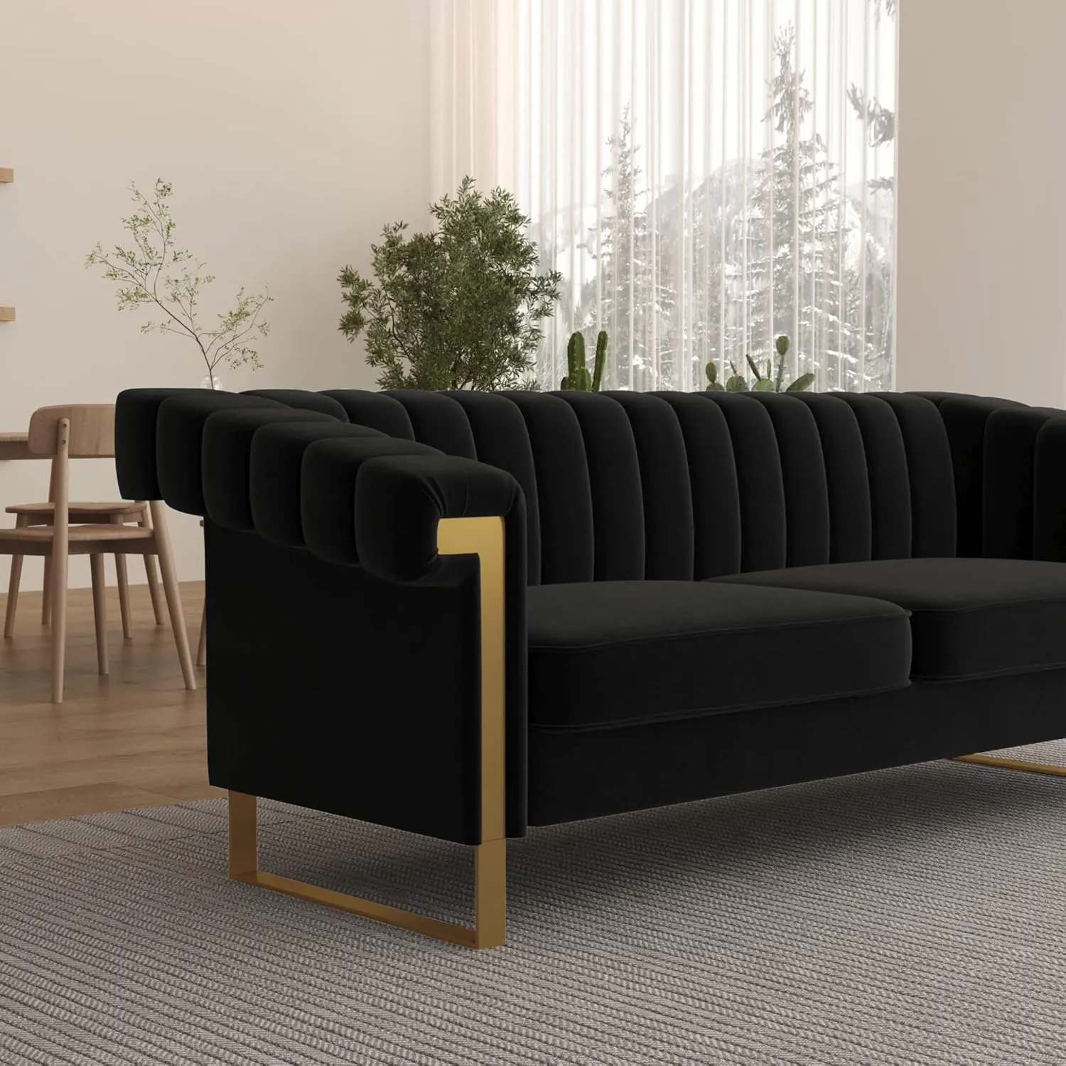 83'' Velvet Couch Sofa Mid-Century Modern Love Seat Chesterfield 3 Seat Couches Sofa for Living Room Apartment (Black)