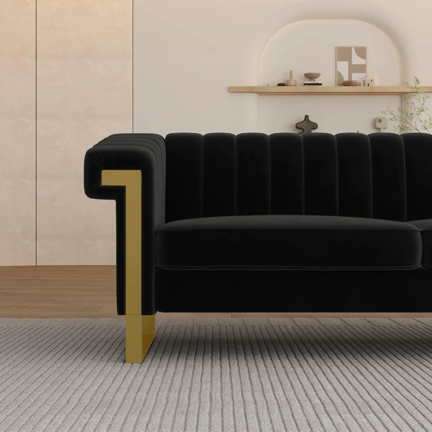 83'' Velvet Couch Sofa Mid-Century Modern Love Seat Chesterfield 3 Seat Couches Sofa for Living Room Apartment (Black)