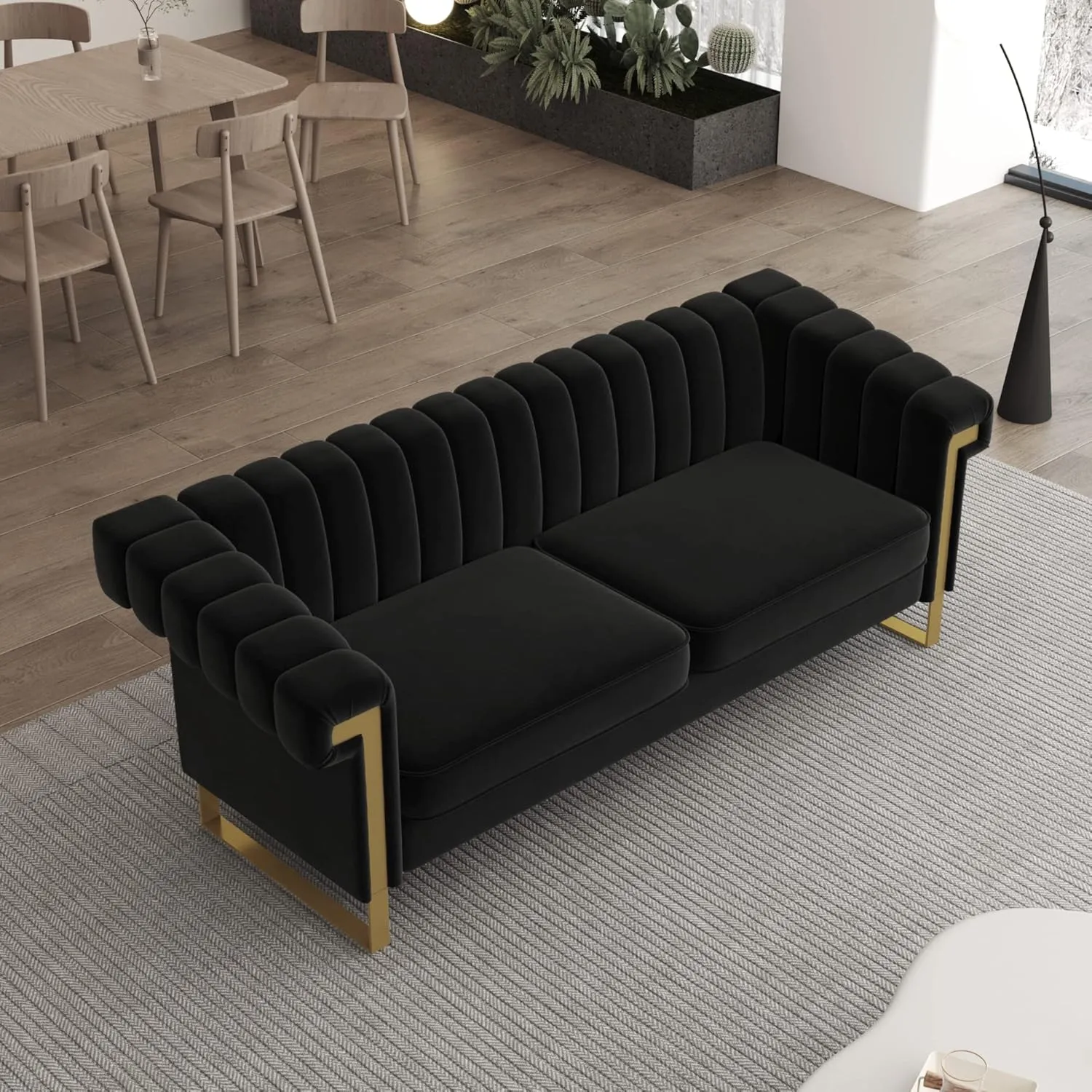 83'' Velvet Couch Sofa Mid-Century Modern Love Seat Chesterfield 3 Seat Couches Sofa for Living Room Apartment (Black)