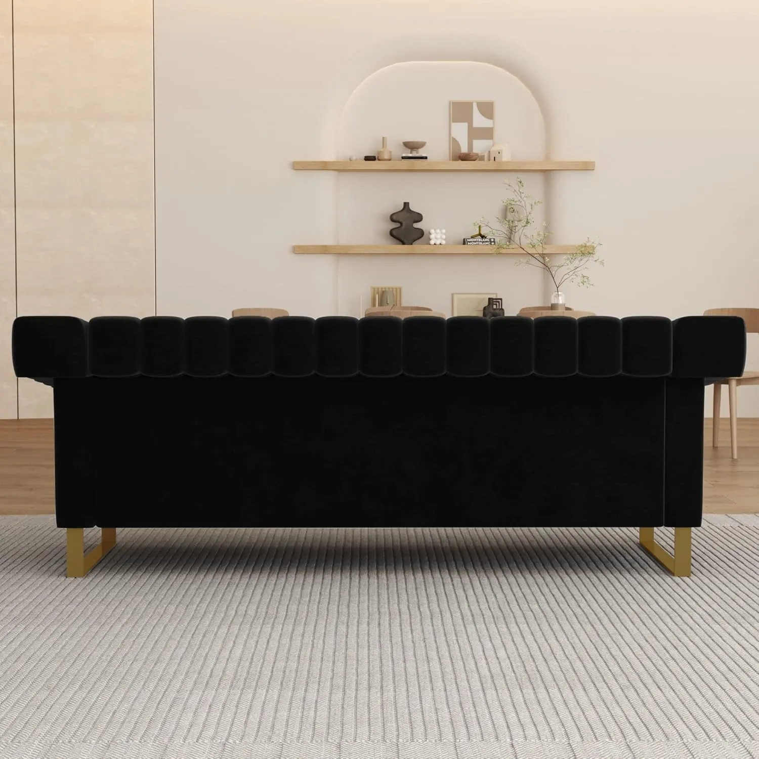83'' Velvet Couch Sofa Mid-Century Modern Love Seat Chesterfield 3 Seat Couches Sofa for Living Room Apartment (Black)