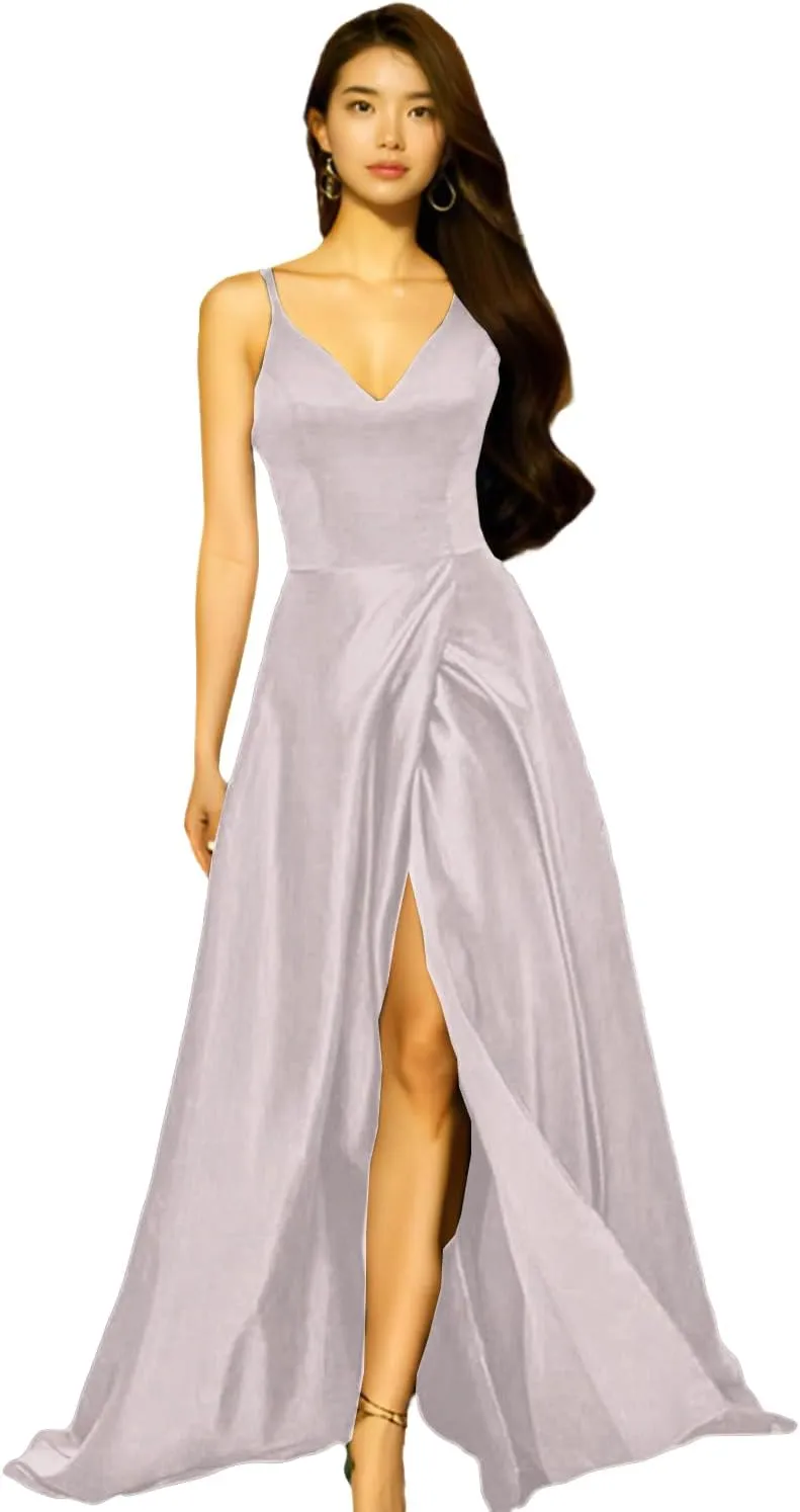 A-Line Princess Elegant Evening Dress Court Train V-Neck Sleeveless Split Front Wedding Guest Dress 2025